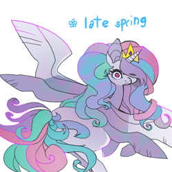 Size: 850x850 | Tagged: safe, artist:cutesykill, princess celestia, alicorn, pony, g4, crown, eyes closed, female, flower, frown, jewelry, looking at you, looking back, looking back at you, lying down, mare, multiple wings, prone, regalia, simple background, solo, spread wings, text, tiara, white background, wings