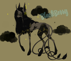 Size: 1400x1200 | Tagged: safe, artist:blackberry907, oc, oc only, pony, unicorn, adoptable, coat markings, concave belly, constellation, constellation freckles, curved horn, ear fluff, female, freckles, gradient legs, horn, leonine tail, mare, multiple tails, raised hoof, skinny, solo, starry eyes, tail, thin, wingding eyes