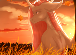 Size: 1100x800 | Tagged: safe, artist:blackberry907, oc, oc only, oc:amareint, pony, unicorn, autumn, autumn leaves, curved horn, female, horn, leaf, leaves, mare, solo, sunset