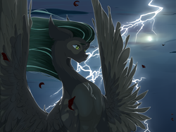 Size: 6667x5000 | Tagged: safe, artist:blackberry907, oc, oc only, pegasus, pony, chest fluff, lacrimal caruncle, lighting, lightning, pale belly, pecs, slender, solo, spread wings, thin, windswept mane, wings