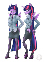 Size: 2171x3070 | Tagged: safe, artist:mysticalpha, twilight sparkle, alicorn, anthro, unguligrade anthro, g4, clothes, high res, pantyhose, simple background, skirt, solo, suit, twilight sparkle (alicorn), white background