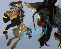 Size: 1280x1024 | Tagged: safe, artist:blackberry907, oc, oc only, earth pony, pony, adoptable, blue background, clothes, coat markings, concave belly, ear piercing, earring, female, jacket, jewelry, mare, necklace, nose piercing, nose ring, piercing, simple background, thin, watermark