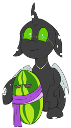 Size: 599x1080 | Tagged: safe, artist:soccy, oc, oc only, oc:éling chang, changeling, 2024 community collab, derpibooru community collaboration, changeling loves watermelon, clothes, cute, cute little fangs, fangs, food, glasses, green changeling, holding, horn, scarf, simple background, sitting, solo, transparent background, watermelon, wings