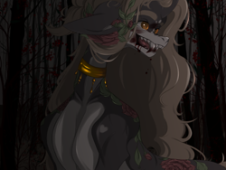Size: 4000x3000 | Tagged: safe, artist:blackberry907, oc, oc only, original species, pony, blood, coat markings, commission, curved horn, fangs, female, flower, flower in hair, forest, horn, mare, nature, solo, tree, ych result