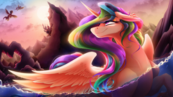 Size: 4800x2700 | Tagged: safe, artist:alzmariowolfe, princess celestia, oc, alicorn, pegasus, pony, g4, bubble, canterlot, cloud, crepuscular rays, crown, digital art, ear fluff, ethereal mane, ethereal tail, eye clipping through hair, eyebrows, eyebrows visible through hair, eyelashes, feather, female, flowing mane, flowing tail, flying, happy, high res, horn, jewelry, lake, lidded eyes, looking up, mare, mountain, mountain range, partially open wings, partially submerged, pink eyes, regalia, sky, smiling, solo, sparkles, spread wings, starry mane, starry tail, stars, sternocleidomastoid, sunlight, sunset, swimming, tail, turned head, unshorn fetlocks, water, wings