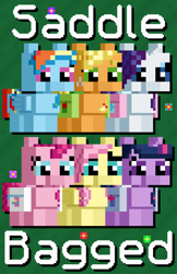 Size: 1036x1596 | Tagged: safe, artist:silk-rose, applejack, fluttershy, pinkie pie, rainbow dash, rarity, twilight sparkle, g4, bag, cover art, drop shadow, flower, love and tolerance resource pack, mane six, minecraft, minecraft pixel art, pixel art, saddle bag, text, tiled background, upscaled