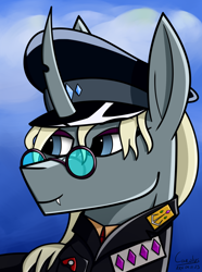 Size: 1248x1680 | Tagged: safe, artist:hno3, oc, oc only, oc:queen yaria, changeling, changeling queen, equestria at war mod, equestria rises still (equestria at war submod), blue eyes, bust, changeling queen oc, clothes, crystal, female, glasses, hat, military uniform, portrait, solo, uniform, uniform hat, yellow mane