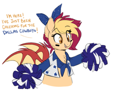 Size: 1137x847 | Tagged: safe, artist:higglytownhero, oc, oc only, oc:pep rally, bat pony, pony, american football, arms spread out, bat wings, blouse, bow, bust, cheerleader, cheerleader outfit, clothes, dallas cowboys, eye black (makeup), face paint, female, hair bow, nfl, open mouth, pom pom, simple background, solo, sports, vest, white background, wings