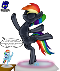 Size: 3840x4569 | Tagged: safe, artist:damlanil, rainbow dash, pegasus, pony, series:becoming submissive, g4, alternate hairstyle, bdsm, bipedal, blindfold, body control, bodysuit, bondage, bondage mask, boots, bound wings, catsuit, clothes, collar, comic, commission, corset, curse, female, figurine, gag, gimp suit, high heels, hood, latex, latex boots, latex suit, living statue, magical bondage, mare, mask, muzzle gag, platform, rainbowrina, raised hoof, rubber, shiny, shoes, show accurate, simple background, solo, speech bubble, standing, standing on one leg, story, story included, suit, text, transfixed, transparent background, trapped, vector, voodoo, voodoo doll, wings