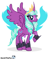 Size: 2550x3000 | Tagged: safe, artist:sarahthefox97, derpibooru exclusive, opaline arcana, alicorn, pony, g4, g5, concave belly, crown, curved horn, eyebrows, eyeshadow, female, g5 to g4, generation leap, high res, horn, jewelry, leg band, makeup, mare, opaline arcana's cutie mark, raised hoof, regalia, simple background, slender, solo, spread wings, tall, thin, twilight sparkle's cutie mark, white background, wings