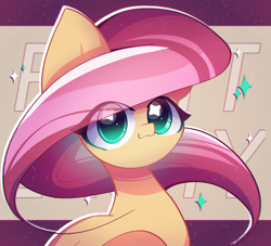 Size: 2534x2300 | Tagged: safe, artist:miryelis, fluttershy, pegasus, pony, g4, :3, big ears, big eyes, cute, eye clipping through hair, female, high res, long hair, looking at you, mare, shyabetes, simple background, smiling, smiling at you, solo, sparkles, text