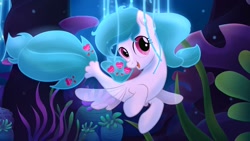 Size: 1600x900 | Tagged: safe, artist:cottonheart05, oc, oc:cotton heart, pegasus, pony, seapony (g4), bubble, clothes, coral, cute, dorsal fin, fin, fin wings, fins, fish tail, flowing mane, flowing tail, movie reference, ocean, open mouth, open smile, scales, seaponified, seaquestria, seaweed, see-through, smiling, solo, species swap, swimming, tail, underwater, water, wings