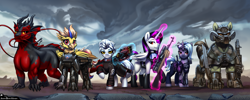 Size: 7500x3000 | Tagged: oc name needed, safe, artist:jedayskayvoker, oc, oc only, oc:firewall, oc:heartbreak, oc:kit, oc:ocean blaze, oc:pale ghost, oc:typhoon, alicorn, dragon, hippogriff, pony, robot, robot pony, fallout equestria, commission, fallout equestria: most dangerious game, folded wings, heavy, magic, magic aura, size difference, steel ranger, storm, synth, telekinesis, weapon, wings