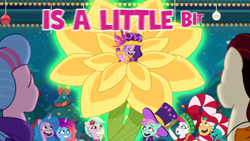 Size: 1280x720 | Tagged: safe, screencap, dahlia, hitch trailblazer, izzy moonbow, minty skylark, misty brightdawn, pipp petals, queen haven, rocky riff, zipp storm, earth pony, pegasus, pony, unicorn, equestria's got talent, g5, my little pony: tell your tale, official, spoiler:g5, spoiler:my little pony: tell your tale, spoiler:tyts01e69, candy, candy cane, earth pony magic, female, flower, lyrics, magic, male, mare, stallion, text