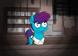 Size: 1640x1168 | Tagged: safe, artist:moonatik, oc, oc only, oc:open air, pegasus, pony, apron, bags under eyes, chalkboard, clothes, coffee machine, coffee shop, colored sketch, depressed, jar, male, mug, pegasus oc, shirt, sketch, solo, stallion, thousand yard stare, tired