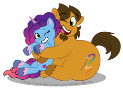 Size: 1600x1166 | Tagged: safe, artist:aleximusprime, misty brightdawn, oc, oc:alex the chubby pony, earth pony, pony, unicorn, g4, g5, my little pony: tell your tale, commission, duo, duo male and female, facial hair, fat, female, g4 to g5, generation leap, goatee, hug, male, mare, one eye closed, open mouth, rebirth misty, simple background, smiling, stallion, style emulation, transparent background