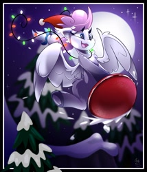 Size: 1755x2048 | Tagged: safe, artist:starcasteclipse, oc, oc:heavy weather, pegasus, pony, christmas, christmas lights, commission, hat, holiday, inner tube, pegasus oc, pine tree, pool toy, santa hat, tree, winter, ych result