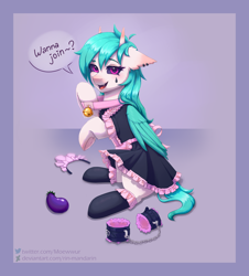 Size: 2800x3100 | Tagged: safe, artist:moewwur, artist:rin-mandarin, derpibooru exclusive, oc, oc only, oc:rainbow rivey, pegasus, pony, bell, bell collar, blue mane, clothes, collar, commission, crossdressing, cuffs, dress, ear piercing, earring, eggplant, femboy, food, full body, halloween, high res, holiday, horns, jack-o-lantern, jewelry, lace, light fur, long mane, long mane male, looking at you, maid, maid headdress, male, pegasus oc, pegasus wings, piercing, pumpkin, shiny, socks, solo, wings, your character here