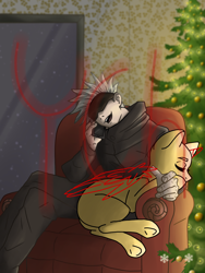 Size: 1536x2048 | Tagged: safe, artist:krotir56, human, pony, advertisement, christmas, christmas tree, commission, couch, holiday, phone, tree, your character here