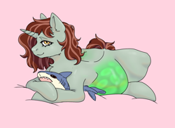 Size: 2100x1525 | Tagged: safe, artist:yourmom_yourdog, oc, oc only, oc:skittish, pony, shark, unicorn, bed, belly, big belly, blåhaj, changeling egg, egg inflation, eggnant, female, glowing belly, lying down, lying on bed, on bed, plushie, ponies breeding changelings, pregnant, shark plushie, simple background, solo