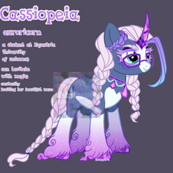 Size: 2500x2500 | Tagged: safe, artist:shineyaris, oc, oc only, oc:cassiopeia, auroricorn, pony, unicorn, blaze (coat marking), braid, braided tail, choker, closed mouth, coat markings, colored eyelashes, colored hooves, crystal horn, eyebrows, facial markings, female, glasses, gradient eyelashes, gradient legs, gradient mane, high res, horn, jewelry, long fetlocks, looking up, mare, mealy mouth (coat marking), necklace, obtrusive watermark, pale belly, smiling, socks (coat markings), solo, sparkly fetlocks, sparkly mane, standing, tail, teal eyes, text, unshorn fetlocks, watermark, white belly