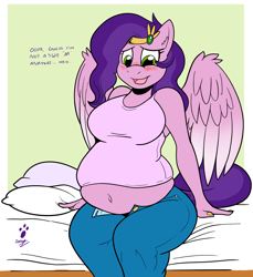 Size: 1796x1958 | Tagged: safe, artist:duragan, pipp petals, pegasus, anthro, g5, adipipp, adorapipp, bbw, belly, belly button, blushing, breasts, busty pipp petals, chubby, clothes, cute, denim, fat, female, food baby, implied weight gain, jeans, jewelry, looking at self, need to go on a diet, need to lose weight, not pregnant, obese, pants, pipp is chubby, popped button, shirt, sitting on bed, t-shirt, talking to herself, tiara, tight clothing, wardrobe malfunction, weight gain