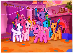 Size: 723x523 | Tagged: safe, screencap, cheerilee (g3), pinkie pie (g3), rainbow dash (g3), scootaloo (g3), starsong, sweetie belle (g3), toola-roola, earth pony, pegasus, pony, unicorn, g3, meet the ponies, pinkie pie's party party, core seven, fireplace, hat, party, party hat, photo, streamers