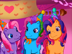 Size: 900x675 | Tagged: safe, screencap, rainbow dash (g3), scootaloo (g3), starsong, g3, meet the ponies, pinkie pie's party party, hat, looking at each other, looking at someone, party hat, trio, worried