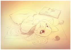 Size: 1789x1265 | Tagged: safe, artist:sherwoodwhisper, oc, oc only, oc:eri, oc:whisper, mouse, pony, unicorn, book, cape, carrot, cheek squish, clothes, cute, female, filly, foal, food, looking at you, lying down, male, mat, monochrome, ocbetes, pillow, squishy cheeks