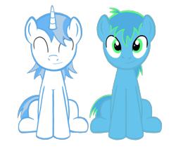 Size: 1682x1447 | Tagged: safe, artist:solemnfutury, oc, oc only, oc:focus, oc:light stars, pony, unicorn, 2024 community collab, derpibooru community collaboration, duo, duo male, eyes closed, horn, looking at you, male, simple background, sitting, smiling, transparent background