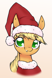 Size: 1335x1970 | Tagged: safe, artist:aquaticvibes, applejack, earth pony, pony, g4, christmas, clothes, costume, female, gradient background, hat, holiday, mare, santa costume, santa hat, solo