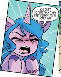 Size: 708x889 | Tagged: safe, idw, official comic, izzy moonbow, pony, unicorn, g5, spoiler:comic, spoiler:g5comic, spoiler:g5comic06, bracelet, comic, dialogue, eyes closed, implied reginald fursome, jewelry, open mouth, solo, speech bubble, teeth, unshorn fetlocks