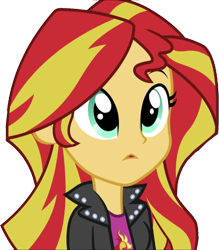 Size: 2211x2520 | Tagged: safe, edit, edited screencap, editor:homersimpson1983, screencap, sunset shimmer, human, equestria girls, g4, my little pony equestria girls: rainbow rocks, background removed, breasts, bust, clothes, female, hair, high res, leather jacket, not a vector, open mouth, simple background, solo, teenager, top, transparent background