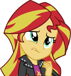 Size: 2337x2520 | Tagged: safe, edit, edited screencap, editor:mrtoonlover83, screencap, sunset shimmer, human, equestria girls, g4, my little pony equestria girls: rainbow rocks, background removed, clothes, female, fingers, hair, head tilt, high res, jacket, leather, leather jacket, not a vector, simple background, solo, teenager, teeth, top, transparent background, wince