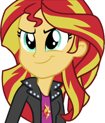 Size: 2150x2520 | Tagged: safe, edit, edited screencap, editor:mrtoonlover83, screencap, sunset shimmer, human, equestria girls, g4, background removed, breasts, bust, clothes, female, hair, high res, jacket, leather, leather jacket, not a vector, simple background, smiling, solo, teenager, top, transparent background, turned head