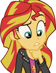 Size: 1929x2520 | Tagged: safe, edit, edited screencap, editor:mrtoonlover83, screencap, sunset shimmer, human, equestria girls, g4, my little pony equestria girls: rainbow rocks, background removed, clothes, eyebrows, female, hand on chin, jacket, leather, leather jacket, not a vector, raised eyebrow, simple background, solo, talking, teenager, teeth, thinking, top, transparent background, wondering