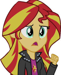 Size: 2069x2520 | Tagged: safe, edit, edited screencap, editor:mrtoonlover83, screencap, sunset shimmer, human, equestria girls, g4, my little pony equestria girls: rainbow rocks, background removed, breasts, bust, clothes, female, finger, hair, high res, jacket, leather, leather jacket, not a vector, open mouth, pointing at self, simple background, solo, talking, teenager, thumb, top, transparent background