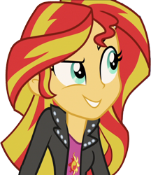 Size: 2175x2520 | Tagged: safe, edit, edited screencap, editor:homersimpson1983, screencap, sunset shimmer, human, equestria girls, g4, my little pony equestria girls: rainbow rocks, background removed, breasts, bust, clothes, eyebrows, female, hair, high res, jacket, leather, leather jacket, looking up, not a vector, raised eyebrow, simple background, smiling, solo, teenager, teeth, top, transparent background