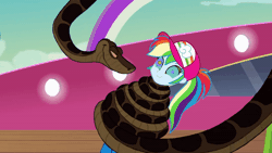 Size: 600x338 | Tagged: safe, artist:ocean lover, edit, edited screencap, screencap, rainbow dash, human, python, snake, equestria girls, equestria girls specials, g4, my little pony equestria girls: better together, my little pony equestria girls: spring breakdown, animated, coils, cute, dashabetes, duo, female, gif, hat, hypno dash, hypno eyes, hypnosis, hypnotized, kaa, kaa eyes, looking at each other, looking at someone, male, preydash, smiling, wrapped up