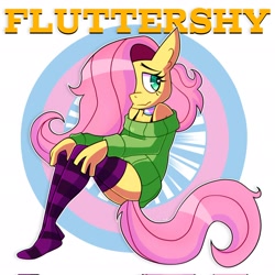 Size: 2048x2048 | Tagged: safe, artist:tysobro, fluttershy, pegasus, anthro, plantigrade anthro, g4, choker, chokershy, clothes, female, high res, pride, pride flag, socks, solo, stocking feet, stockings, striped socks, sweater, text, thigh highs, trans fluttershy, transgender, transgender pride flag