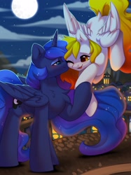 Size: 2048x2732 | Tagged: safe, artist:alphadesu, princess luna, oc, oc:starfyre, alicorn, pegasus, pony, g4, bridge, canon x oc, cheek kiss, cute, female, high res, kissing, lesbian, moon, night, shipping