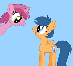 Size: 992x897 | Tagged: safe, artist:katiesworldofponies36, first base, ruby pinch, pegasus, pony, unicorn, fanfic:horse wild pinchy, series:my little filly: friendship is magic, g4, adorabase, blue background, cute, cyan background, duo, female, filly, foal, girly girl, ms paint, open mouth, open smile, pegasus first base, pinchybetes, race swap, rule 63, simple background, smiling, surprise!, surprised, tomboy