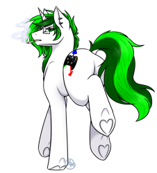 Size: 1423x1572 | Tagged: safe, artist:halopiexd, oc, oc only, oc:emerald fury, pony, unicorn, 2024 community collab, derpibooru community collaboration, butt, cigarette, ear piercing, female, glasses, hoof heart, horn, mare, piercing, plot, rear view, simple background, smoking, solo, transparent background, underhoof