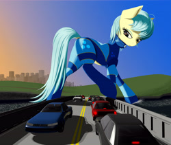 Size: 6032x5100 | Tagged: safe, artist:styroponyworks, oc, oc only, oc:ultramare, earth pony, pony, asymmetrical eyelashes, atmospheric perspective, belly button, bridge, car, causeway, choppy waters, city, clothes, coupe, dock, female, giant pony, grass, hill, looking back, looking down, macro, mare, outdoors, posterized, road, skyline, solo, splash, suit, tail, traffic, ultrabutt, ultramare, underhoof, walking, water