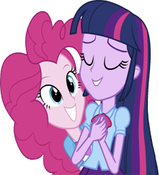 Size: 2292x2520 | Tagged: safe, edit, edited screencap, editor:homersimpson1983, screencap, pinkie pie, twilight sparkle, human, equestria girls, g4, background removed, blouse, bowtie, clothes, duo, eyes closed, female, hair, hand on chest, happy, high res, not a vector, puffy sleeves, shirt, simple background, smiling, teenager, teeth, transparent background, vest