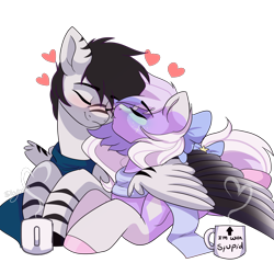 Size: 2000x2000 | Tagged: safe, artist:skyboundsiren, oc, oc only, oc:eclipse sirusa, oc:siren andromeda, alien, alien pony, pegasus, pony, blushing, bow, cheek kiss, clothes, couple, eyes closed, female, hair bow, heart, high res, kissing, male, mare, mug, scarf, signature, simple background, smiling, stallion, tail, tail bow, transparent background, wholesome