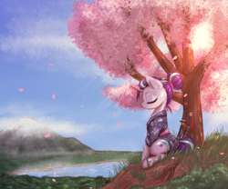 Size: 3000x2500 | Tagged: safe, artist:t72b, starlight glimmer, pony, unicorn, g4, alternate hairstyle, cherry blossoms, clothes, costume, eyes closed, female, flower, flower blossom, grass, hair bun, high res, historical roleplay starlight, katana, mare, meditating, mountain, samurai, scenery, sitting, solo, sword, tree, wakizashi, weapon
