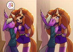 Size: 5016x3528 | Tagged: safe, artist:howxu, adagio dazzle, oc, oc:peach cobbler, anthro, comic:we will be adored, g4, ambiguous facial structure, big ears, blush lines, blushing, blushing profusely, boop, breasts, canon x oc, cleavage, closed mouth, clothes, duo, ear fluff, ears back, female, female symbol, fingerless gloves, flirting, flustered, gem, gloves, heart, kissing, looking at each other, looking at someone, male, male symbol, mare, nose kiss, open mouth, peadagio, shipping, shrunken pupils, siren gem, skirt, smiling, stallion, stockings, straight, surprise kiss, thigh highs