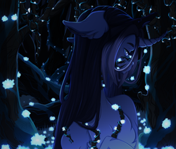 Size: 3300x2800 | Tagged: safe, artist:blackberry907, oc, oc only, pony, unicorn, bust, chest fluff, commission, curved horn, detailed background, female, flower, high res, horn, mare, solo, vine, ych result