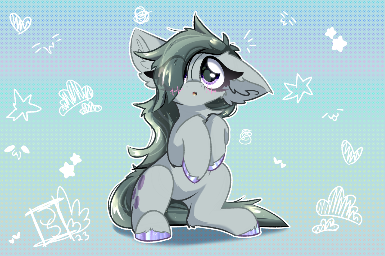 [blushing,cute,doodles,earth pony,fangs,female,mare,open mouth,pony,safe,sitting,solo,sparkly eyes,unshorn fetlocks,wingding eyes,hoof polish,looking up,cute little fangs,ear fluff,halftone,:o,marble pie,weapons-grade cute,gradient background,eye clipping through hair,big ears,colored hooves,marblebetes,purple eyes,blue background,cheek fluff,hair over one eye,leg fluff,cyan background,artist:jubyskylines,blush lines,one ear down]